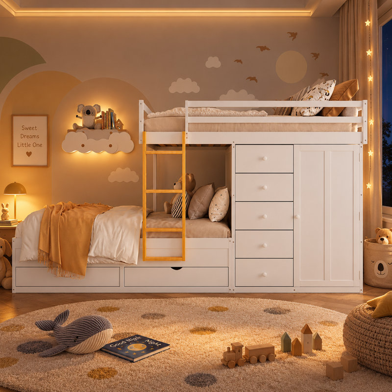 Lit superposé Scrigno double avec rangement : 2 grands tiroirs, 5 petits tiroirs et une armoire, Blanc