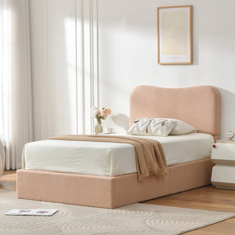 Lit plateforme tapissier Bensu Boucle, Simple, Rosé