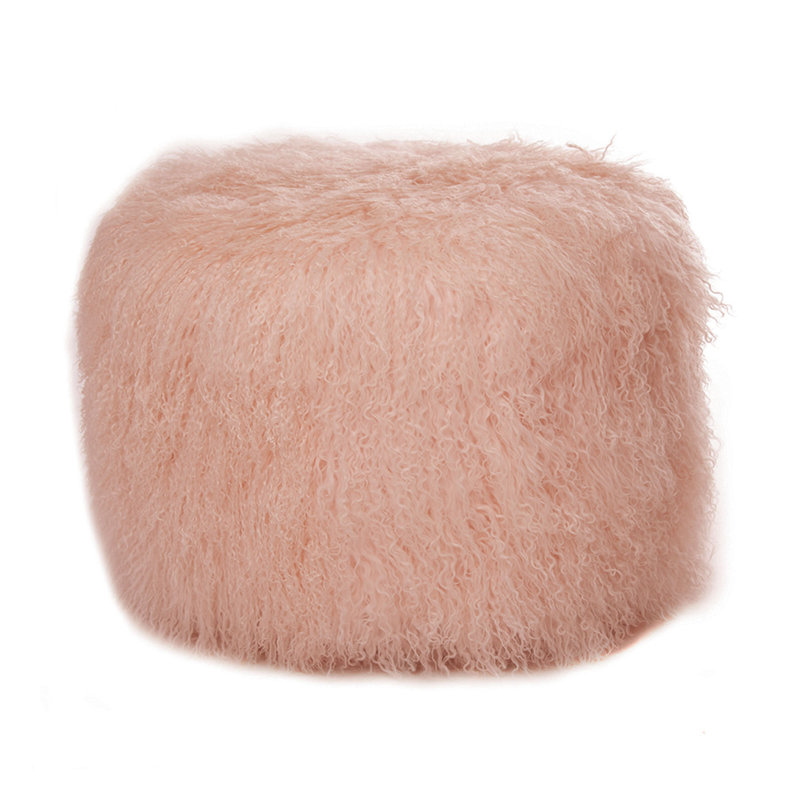 Round Tibetan Lamb Sheepskin Ottoman, 21" Diameter x 16" High, Salmon Pink