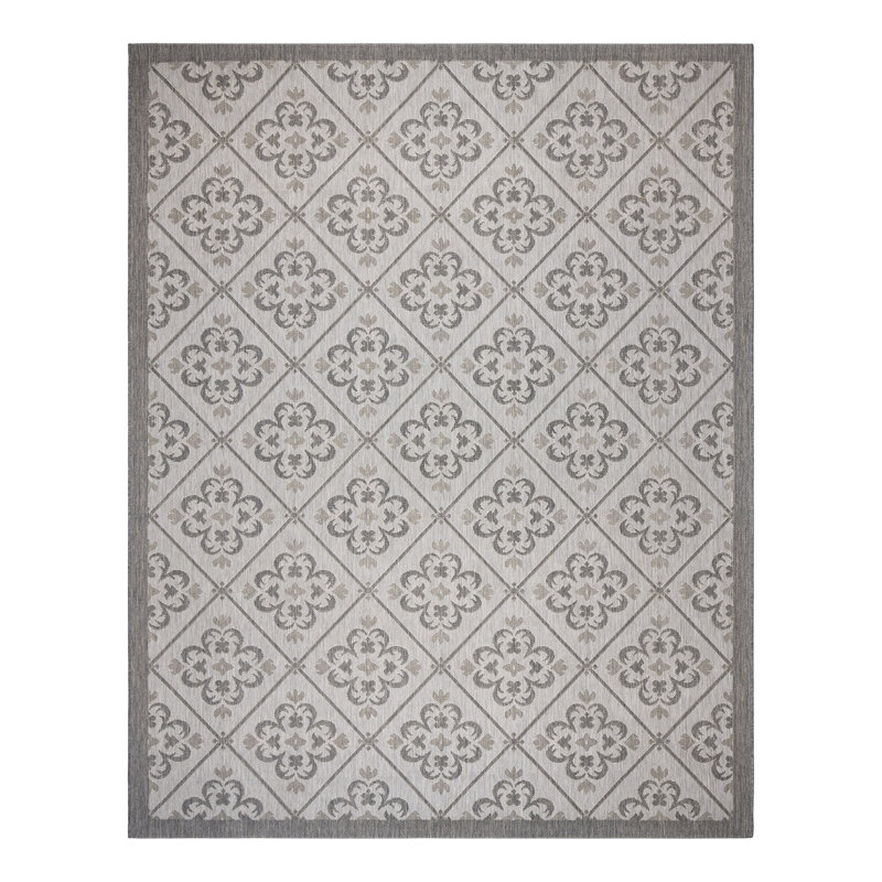 Paseo Gleneva Floral Checker Gray Ash Steel Polypropylene Flatweave Indoor/ Outdoor Area Rug, Rectangle 6'6" x 9'6"