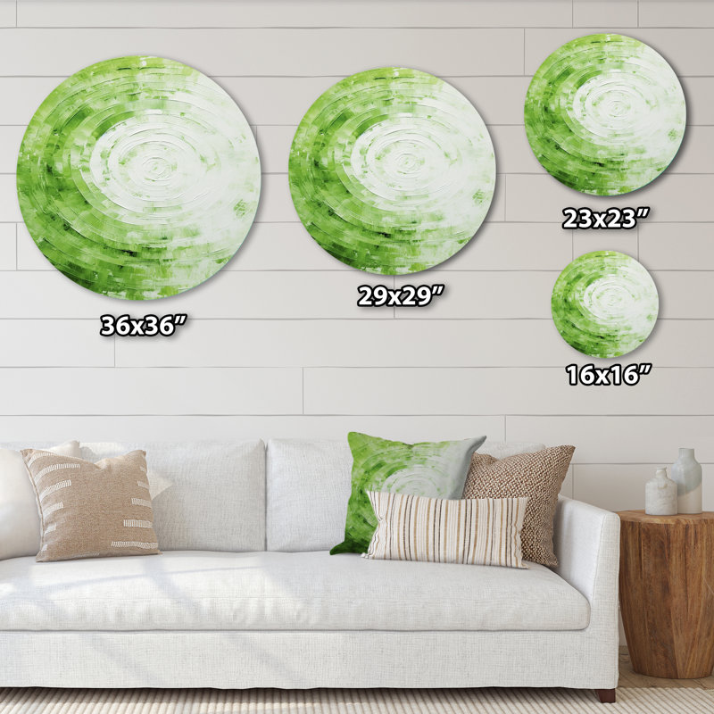Spirale verte et blanche - Art abstrait rond en métal, H 29 po x l 29 po