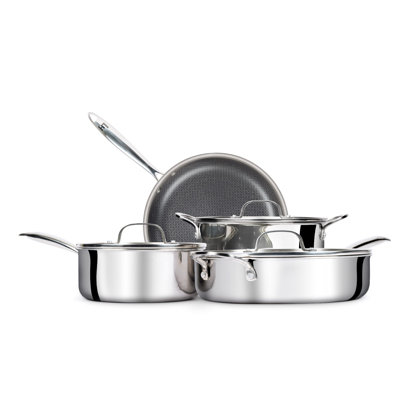 Ensemble de 7 pièces Lexi Home en acier inoxydable antiadhésif triple couche, compatible induction, surface de cuisson gravée au diamant, poêle à frire, casserole, cocotte et sauteuse avec couvercles, compatible lave-vaisselle et four jusqu'à 260 °C (500 °F).