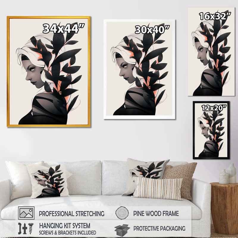 Animations, portrait de femme tropicale II - Art mural, H 20 po x l 12 po x P 1 po, Cadre simple noir