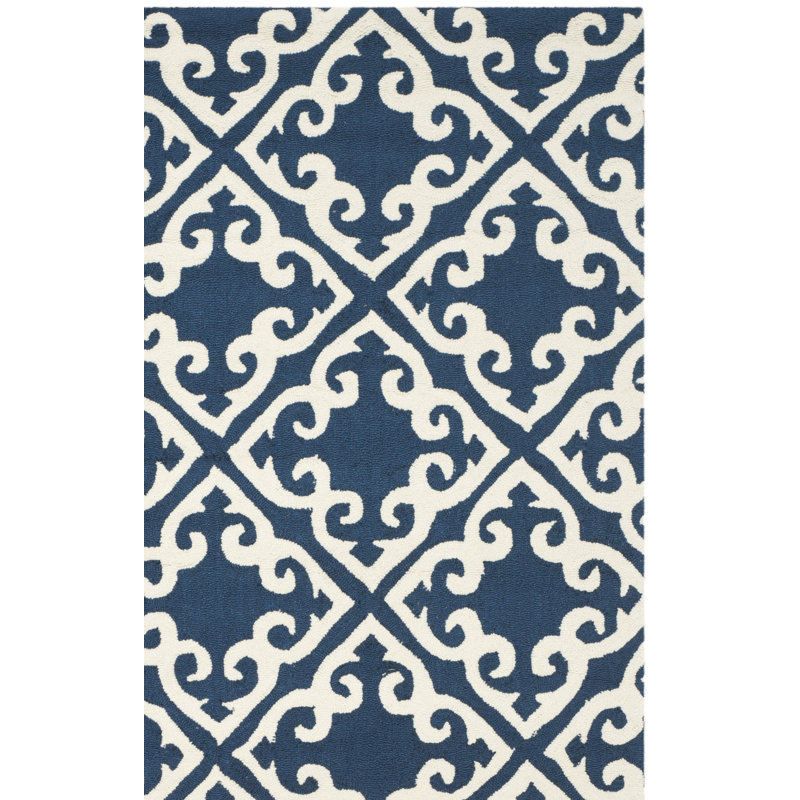 Tapis bleu marine / ivoire crocheté à la main Lima, Rectangle 8 pi x 10 pi