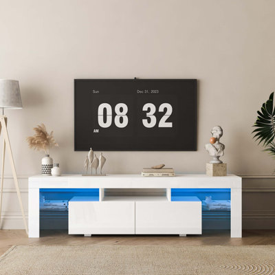 Meuble télé ultrabrillant avec lumières DEL pour téléviseur de 65 po ou moins, console de télévision moderne avec armoires de rangement pour le salon
