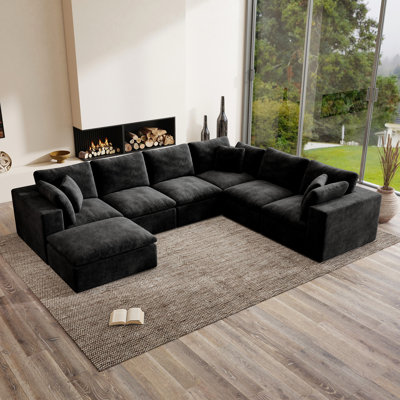 Paros 7-Piece U-Shaped Chenille Sectional Sofa, Boneless Cloud Couch Design, Black by Latitude Run
