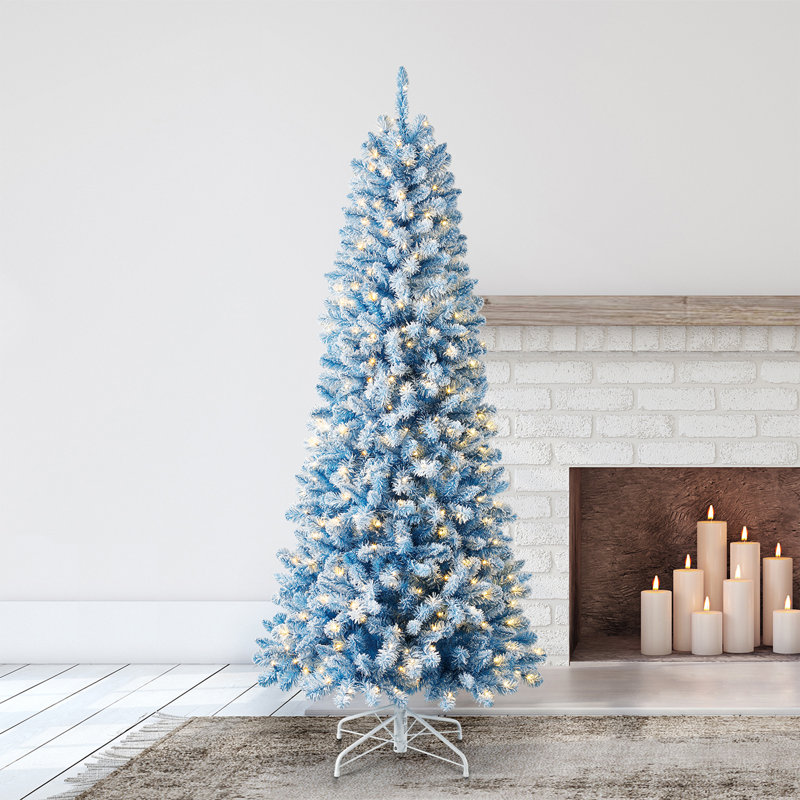 Home Heritage 7' Pencil Pine Prelit Flocked Artificial Christmas Tree Blue