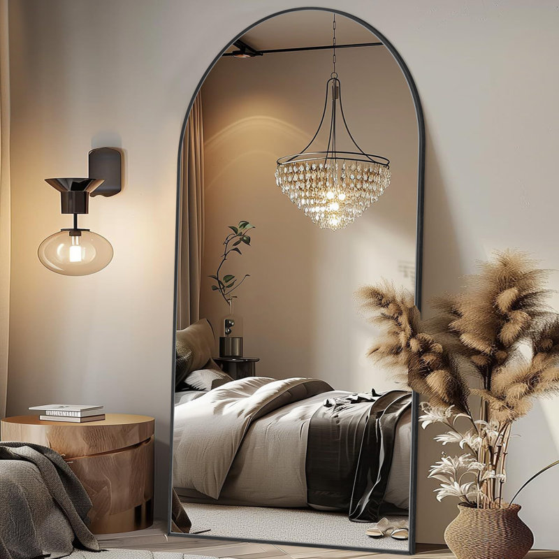 Arched Full Length Mirror with Stand, Aluminum Alloy Frame Floor Full Body Mirror, Black, 71" x 28"