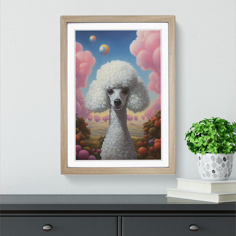 XYZ-FRM-V1223-5275 Poodle Surrealism 1 Piece Single Picture Frame Wall Art, 34cm H x 25cm W x 2cm D, Oak