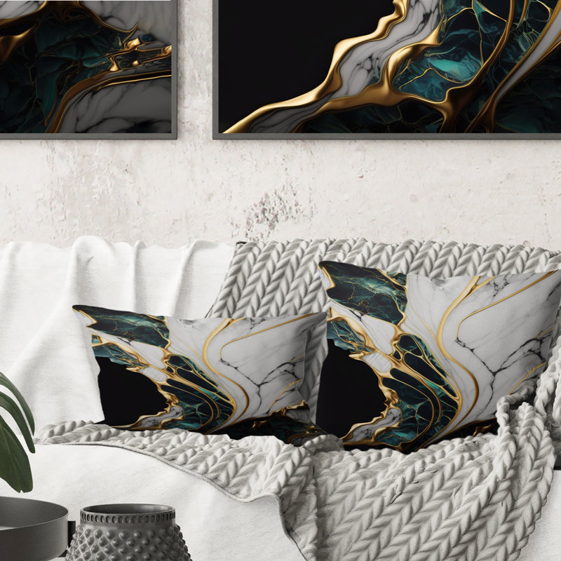 Abstract Geode Gold And Green Marble III - Abstract Marble Printed Pillow, 18" x 18"