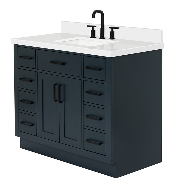 Tidworth 42'' Solid Wood Single Bathroom Vanity with 1.5'' White Quartz Top, Midnight Blue / Matte Black, Rectangular