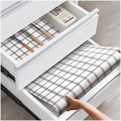 Drawer And Shelf Liner, Non-Slip Kitchen Cabinet Liners Non-Adhesive Thick Strong Grip Waterproof Washable Mats Protect Dresser Shelves Cupboard Bathroom Cabinets, White Stripes, 12 In X 20 FT