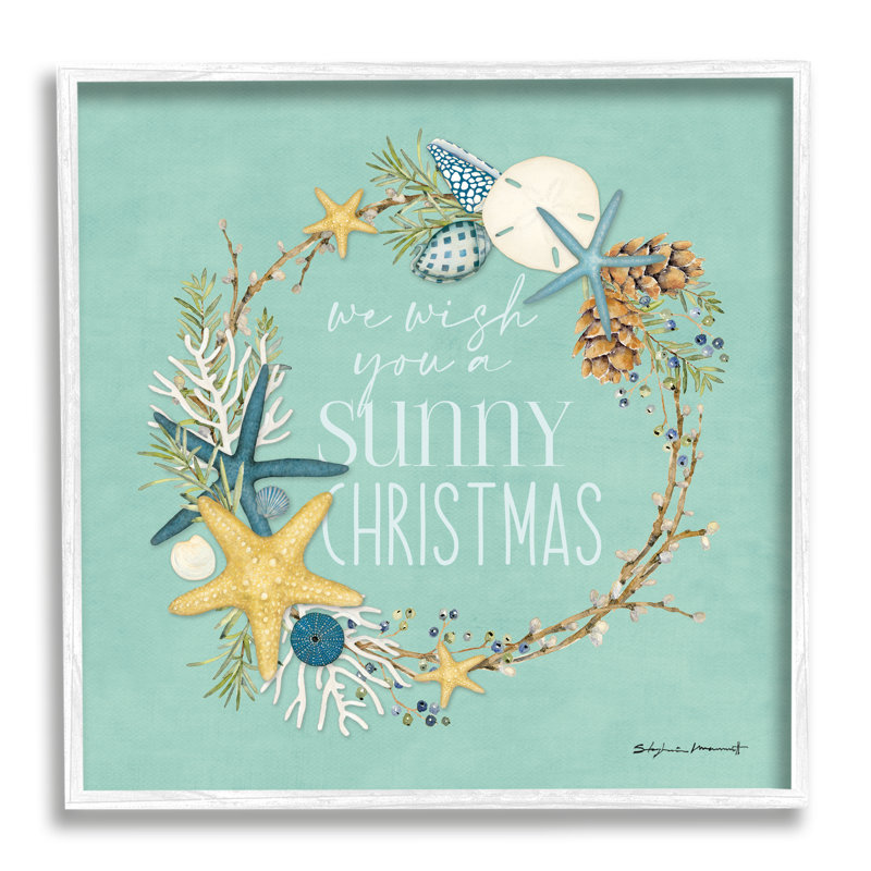 «Wish You A Sunny Christmas Wreath» encadré sur bois par Stephanie Workman Marrott, impression, H 17 po x l 17 po