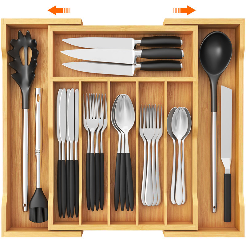 Rangement de tiroir Silverware, plateau à ustensiles extensible pour la cuisine, porte-couverts et couverts en bambou, rangement réglable en bois pour cuillères, couteaux, grand, naturel