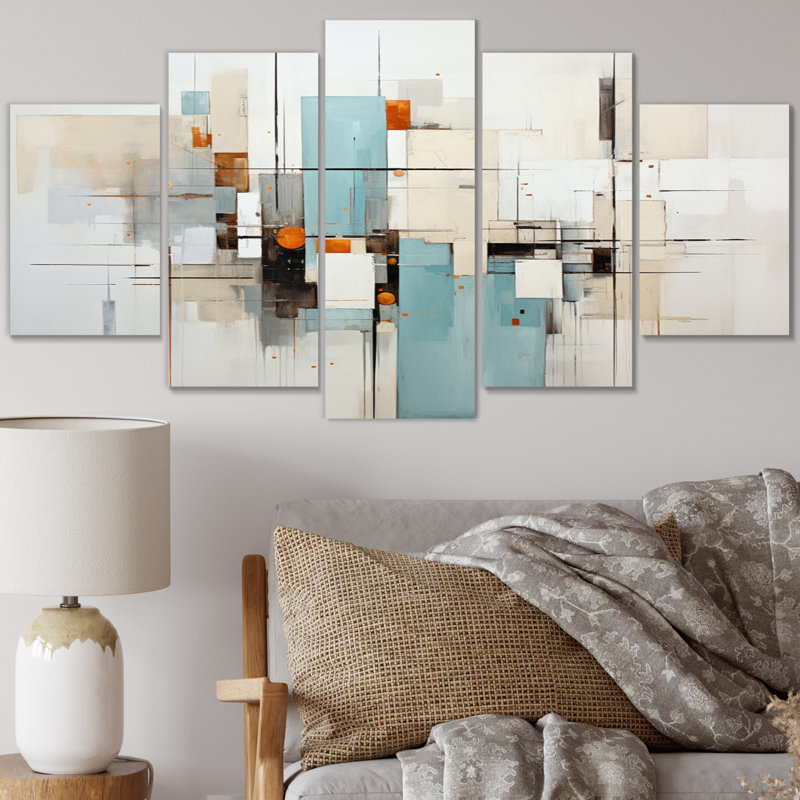 «Beige bleu sarcelle» - 5 panneaux abstraits