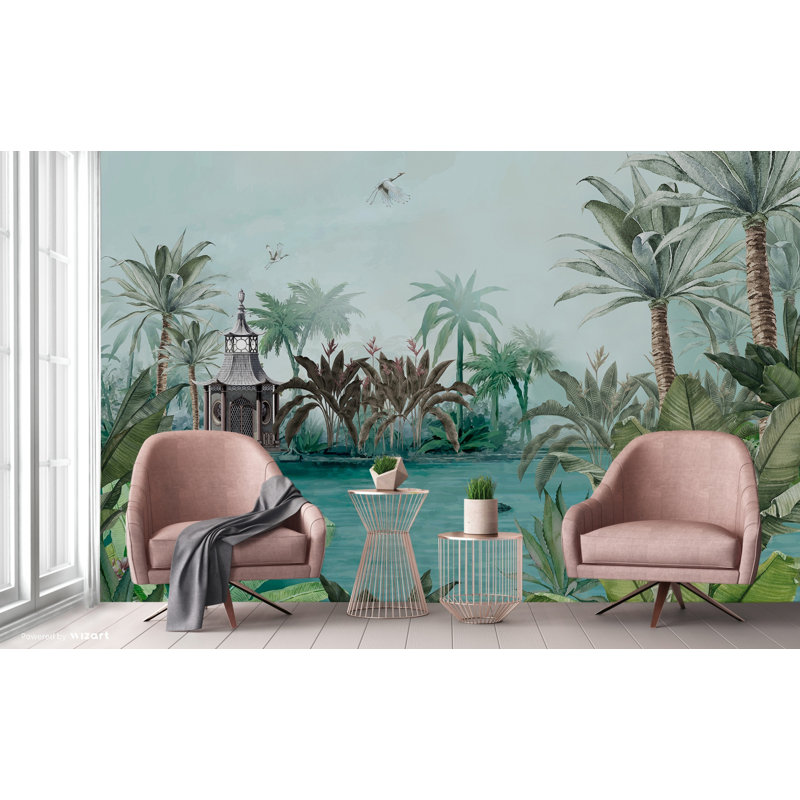 Mur de cygnes palmiers tropicaux, L 110,04 po x l 122 po, Vert