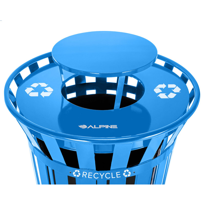 38 Gallon Outdoor Commercial Metal Slatted Trash Can Receptacle with Rain Bonnet Lid, Blue