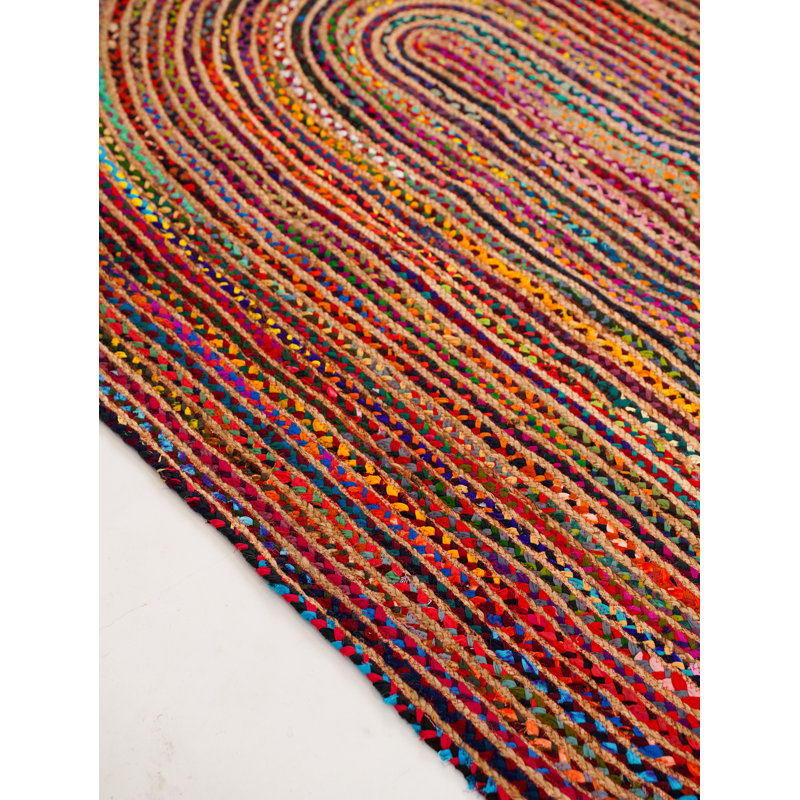 Hand Braided Cotton & Jute Contemporary Dark Multicolor Oval Indoor / Outdoor Area Rug, Oval 4'x6'