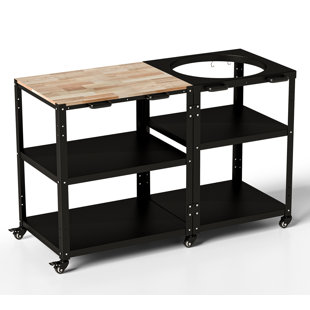 Grill Table For Large Big Green Egg, Pizza Oven Table With Hooks And Side Handle For Home Party, Bar, Camping, Movable Kitchen Cooking Prep Cart Bbq Cart Compatible With M/l Model Big Green Eggs
