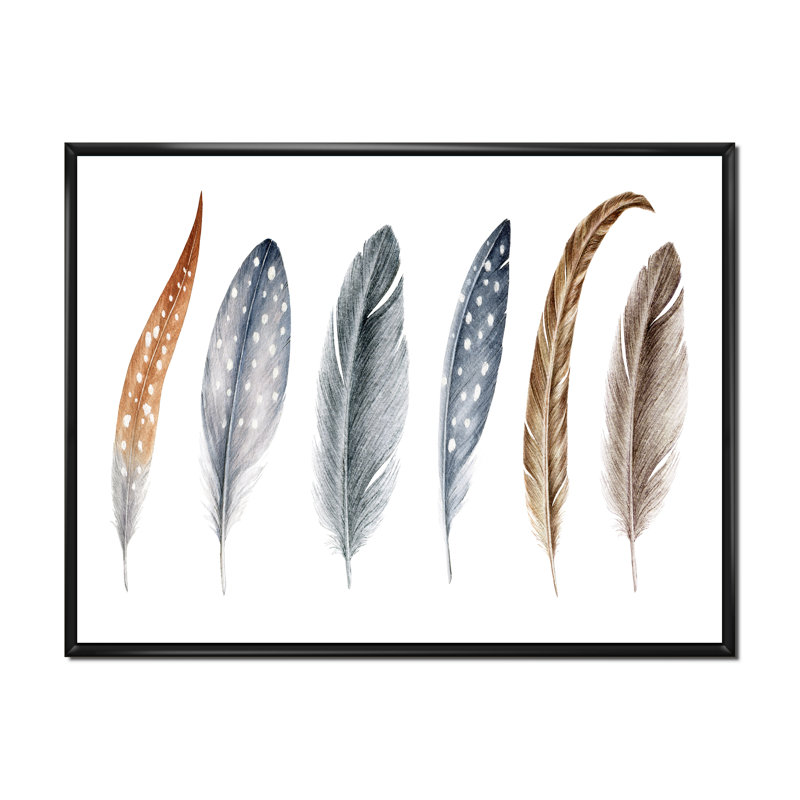 «Grey Boho Polka Dot Feathers I», peinture sur toile, H 34 po x l 44 po x P 1,5 po, Cadre flottant noir