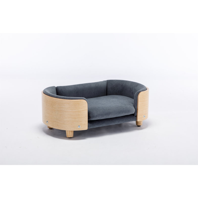 Lit pour chien surélevé de style scandinave avec pattes en bois massif et dossier en bois cintré, coussin en velours, taille moyenne, gris foncé