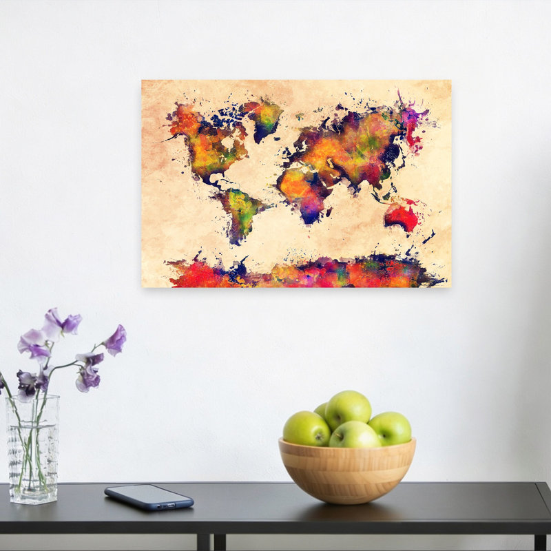 «Vibrant World Map», art mural moderne contemporain abstrait, H 12 po x l 18 po