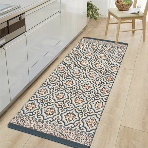 Vinyl Floor Mat With Decorative Tiles Pattern in Blue. Spanish Style Area  Rug, Kitchen Rug, Printed on PVC. Art Mat PVC Rugs. 