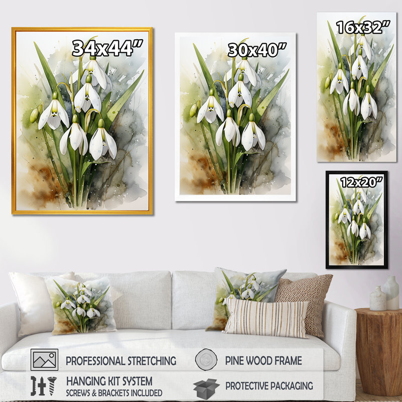 Morning Hush Snowdrops In Silent White III - Snowdrops, art mural, H 20 po x l 12 po x P 1 po, Toile tendue