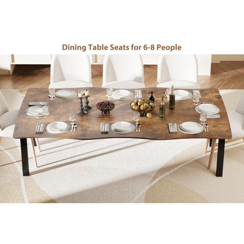78.7" Rectangular Dining Table for 6-8 People, Minimalist Table with Wave Irregular Edge, Thick MDF Top and Metal Frame, Waterproof Scratch-Resistant for Dining, Work and Study