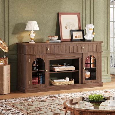 Meuble télé pour téléviseur de 70 à 70 po Maggie, centre de divertissement avec station de charge et manteau de cheminée, arche, meuble télé de style Mid-Century pour salon et chambre à coucher, brun noyer