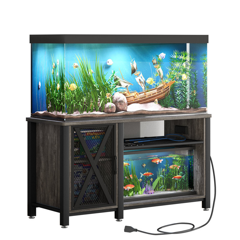 Gray Heavy Duty Metal Aquarium Stand with Cabinet and Power Outlets