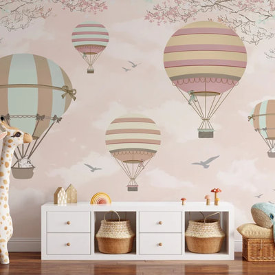 Kids Pink Hot Air Balloon Wallpaper Mural, Pastel Sky With Striped Balloons And Birds, Nursery Baby Room Wall Decor