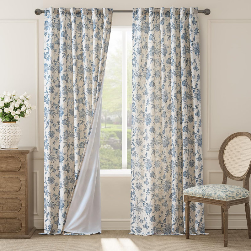 Linen Blend Semi Sheer Pod Pocket Floral Patterned French Country Curtains, Blue, 50" W x 96" L