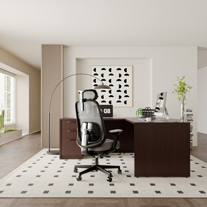 Bow Front L-Shaped Executive Desk With File Cabinet, Brown