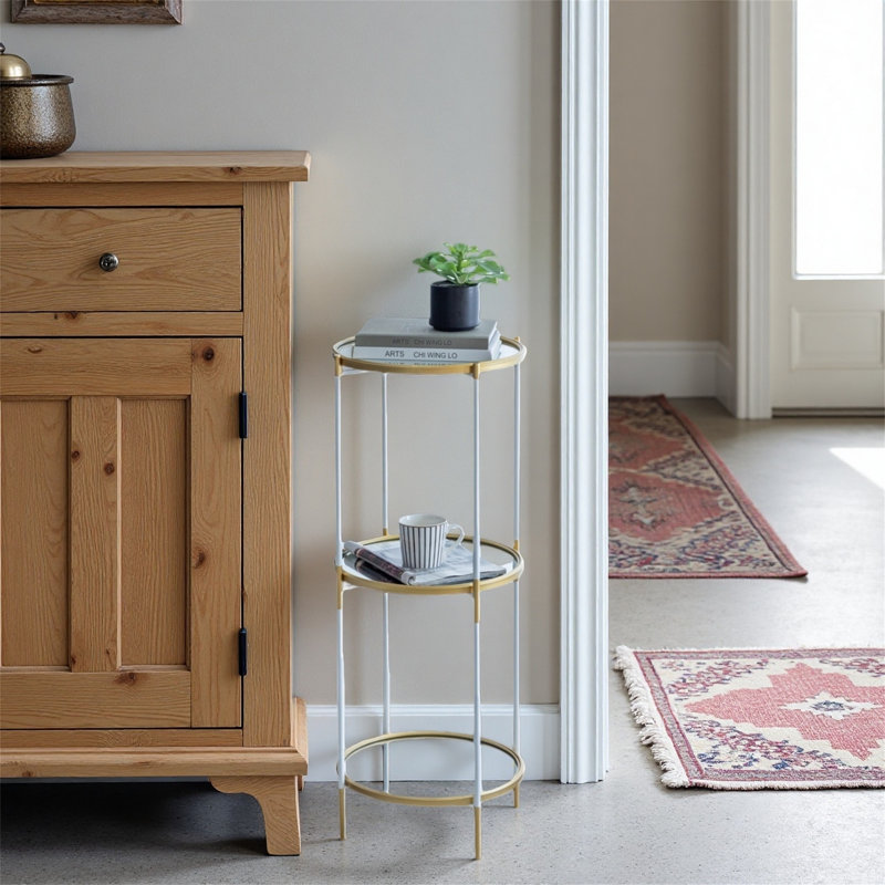 D16x39.5" 3-tier Luxury White And Gold Side Table