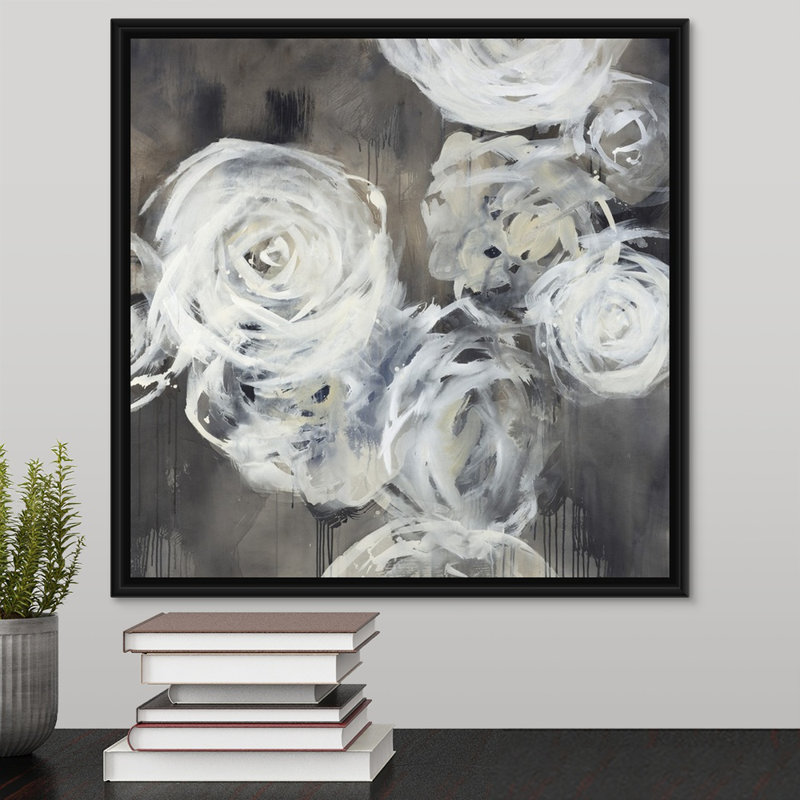 « neuf roses », peinture sur toile, H 13,7 po x l 13,7 po x p 1,75 po, Cadre flottant noir