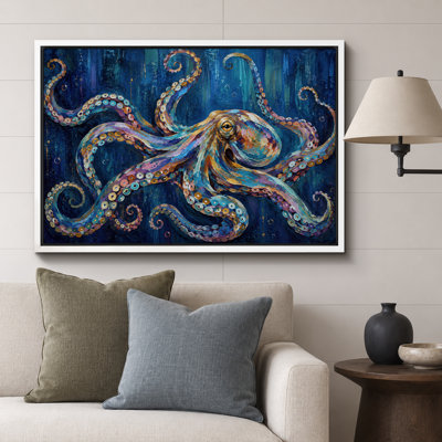 Colorful Octopus Ocean Artwork, Bathroom Pictures, Framed Canvas Giclee Print Wall Art
