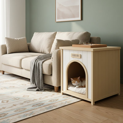 Maison solide pour petits animaux, fonctionnant comme table d'appoint, blanc crème, design minimaliste américain