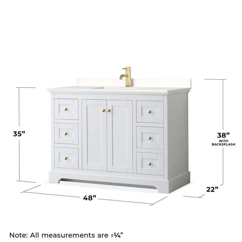 Avery 48'' Single Bathroom Vanity with Quartz Top, White, White Quartz, Brushed Gold