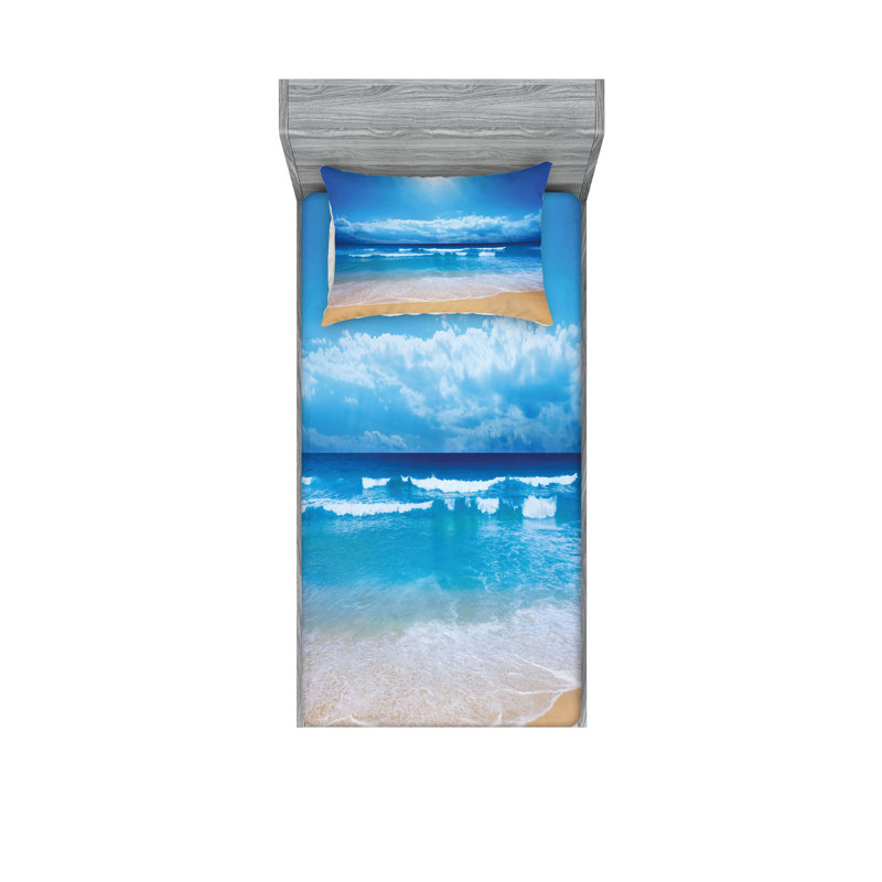 Drap-housse et coussin décoratif Ambesonne Beach, brun sable / bleu, Ensemble de draps pour lit simple + 5 pièces supp