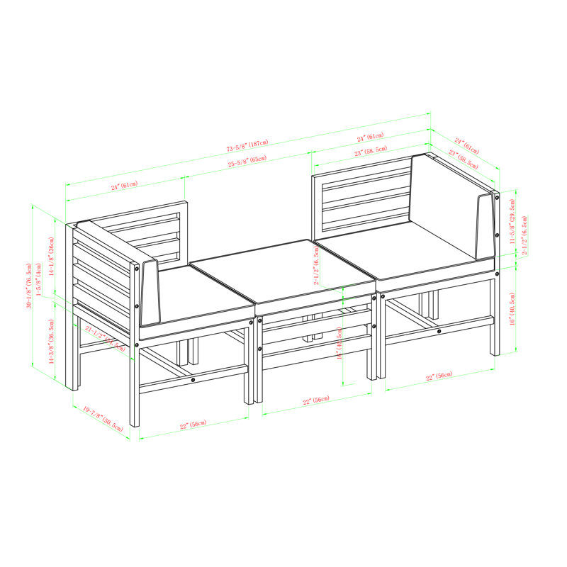 Acacia 3 - Person Patio Conversation Set with Cushions, Dark Brown Frame/Cream Cushion