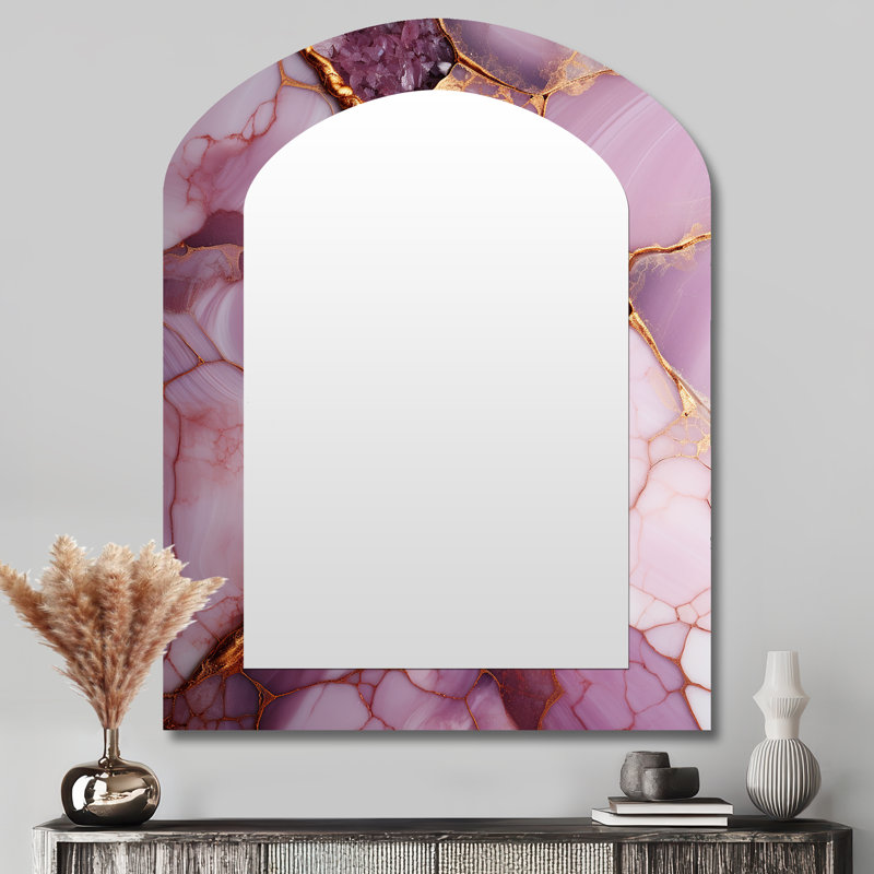 Pink and gold Marble river II - Abstract Asymmetrical Mirror, Gold Arch Decorative Wall Mirror, Printed Metal Art