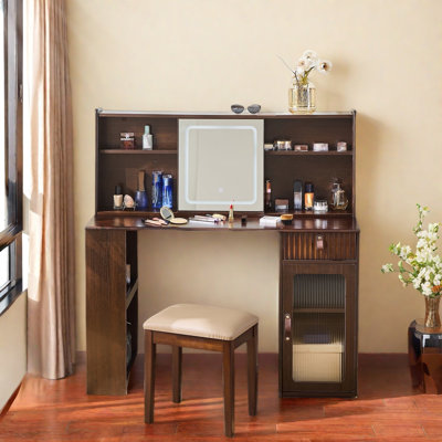 Elegant Makeup Vanity Desk With Sliding Adjustable Lighted Mirror, Display Shelves, A Drawer, Side Storage Shelves And A Stool by Latitude Run