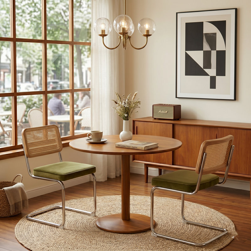 19.3" H Modern Rattan Dinning Chairs,Velvet Dining Chairs with Metal Frame (Set of 2), Green, Silver