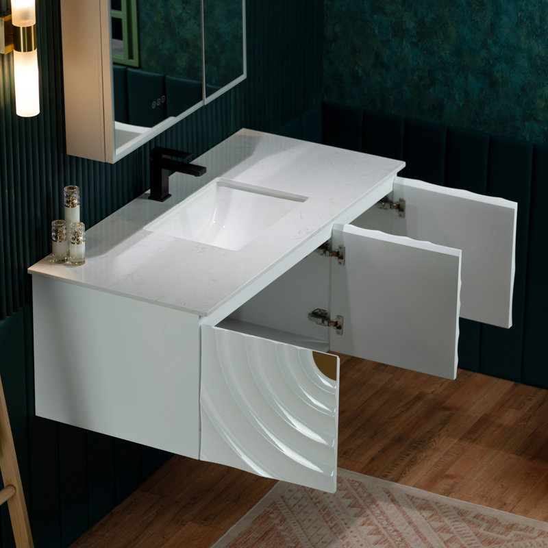 Eden 48"X22" Wall Mounted Floating Bathroom Vanity in White with Single Ceramic Undermount Sink, White Engineered Stone Vanity Top– 3D Wave Pattern Doors, Space-Saving for Modern Living