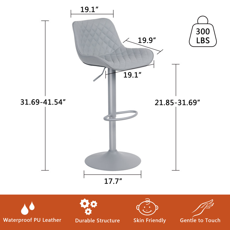 Swivel Upholstered Adjustable Height Counter Stool with Metal Frame, 2, Grey