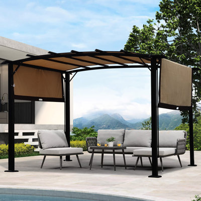 Pergola d'extérieur avec structure stable - 3,66 m x 2,74 m, toile rétractable, beige, pour terrasses, structure en acier, jardins