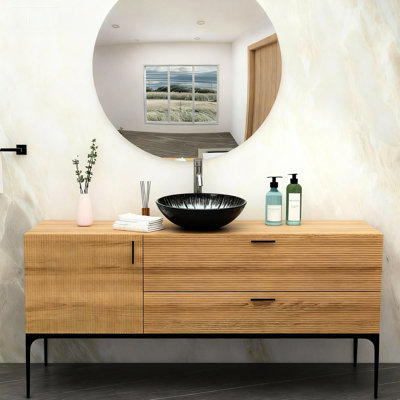 Gray Tempered Glass Oval Sink With Pop - Up Drain, Artistic Pattern, Above Counter Mount, Comfortable Washing And Use Crackle Vessel For Bathroom, Color, Smooth Rounded Edges, Easy Maintenance