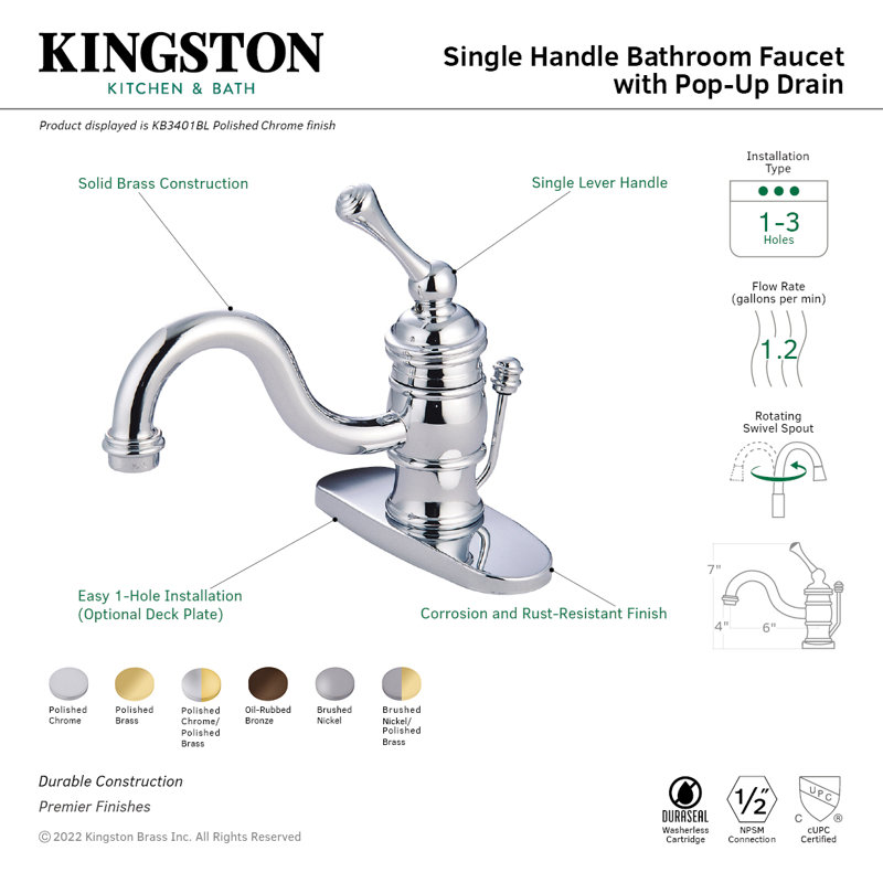 Robinet de salle de bain 1 poignée à fixation sur le comptoir en laiton victorien Kingston, Chrome poli
