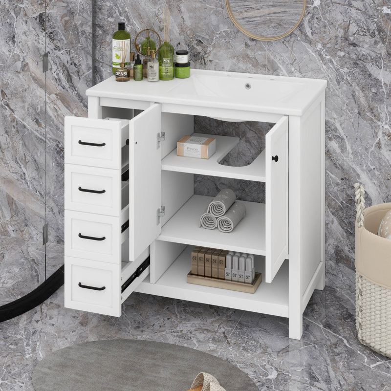 Meuble-lavabo 36 po avec comptoir d'évier, meuble-lavabo avec deux portes et deux tiroirs, Blanc